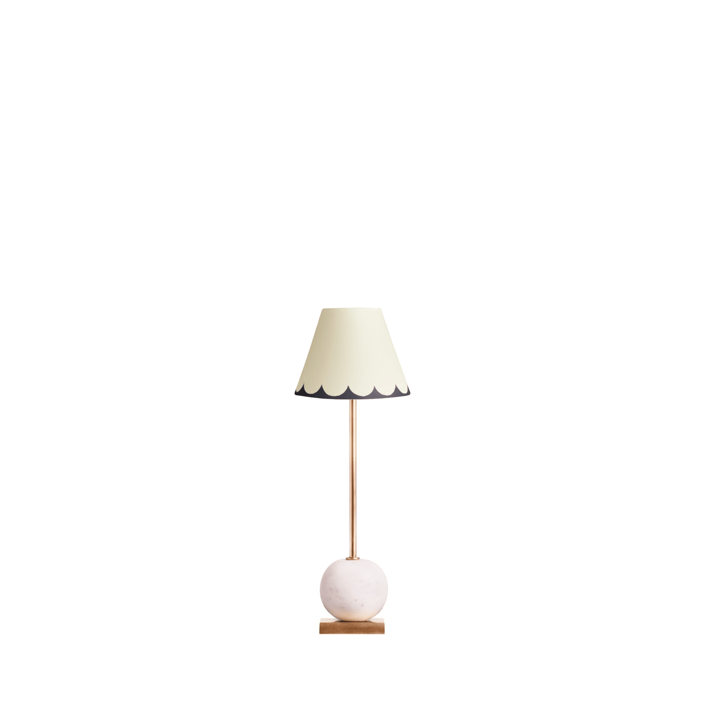 lollie rechargeable table lamp in white marble with 16cm empire shade in jet scallops hand painted card