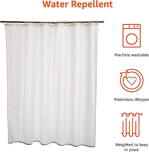 Fabric Shower Curtain Mould Resistant and Water Repellent, White, 180 x 180cm