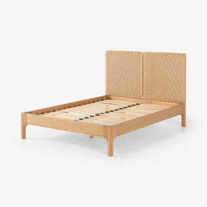 Tulana King Size Bed, Natural Weave & Oak, 207 x 157 x 108cm