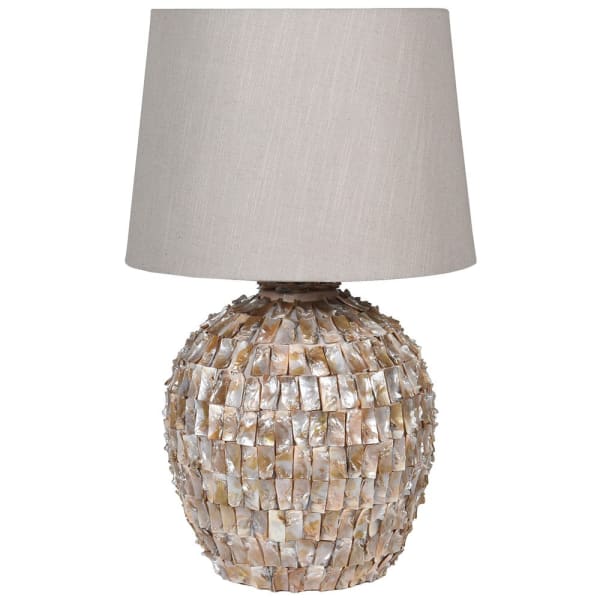 Mother of Pearl Effect Round Table Lamp with Linen Shade