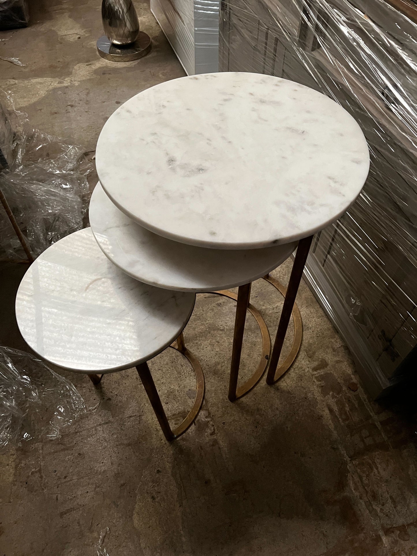 Set of 3 Nesting Side Tables, White Marble & Brass, 47x63cm