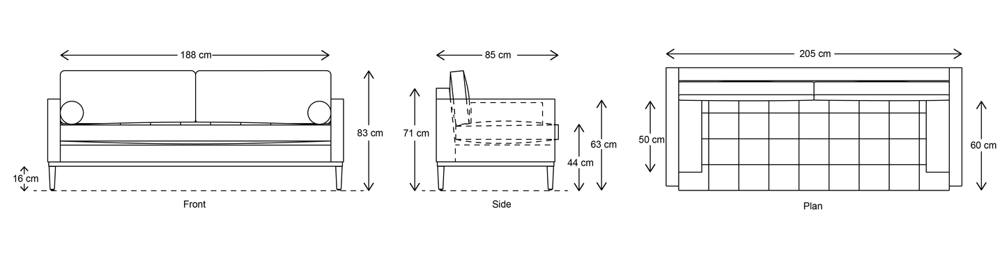 Model 02 3 Seater Sofa, 82x205x85cm