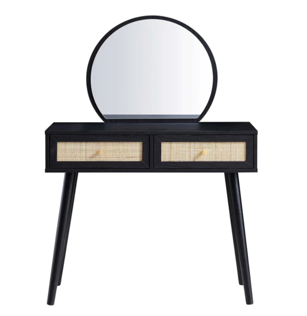 Frances Woven Rattan Dressing Table with Mirror, Black, 90x41x126cm