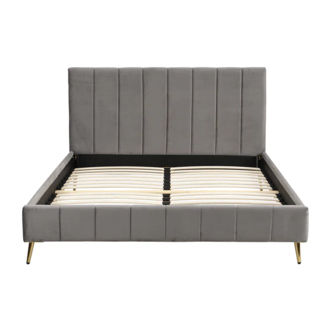 Sylvie Velvet Upholstered Bed Frame with Golden Chrome Legs (Grey), 144.5x202x90.5cm