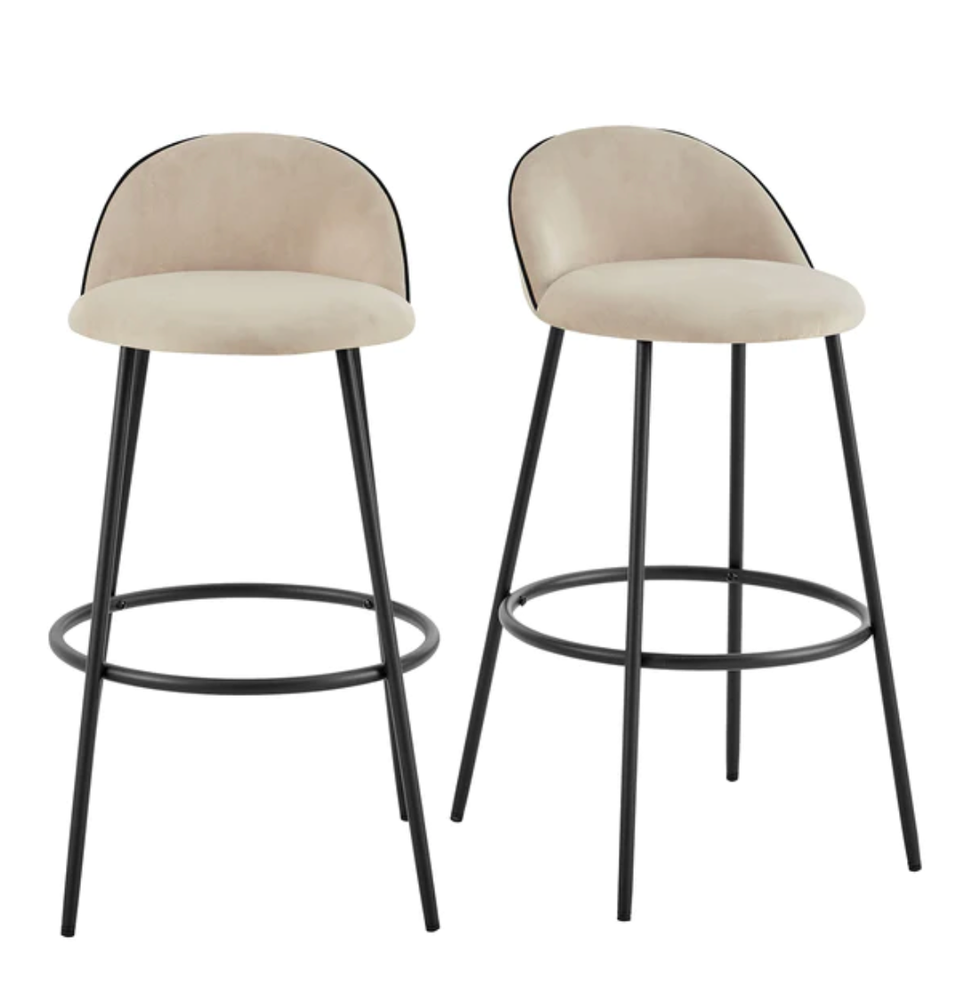 Barton - Champagne Velvet Upholstered Bar Stools with Contrast Piping, 48x43x90cm