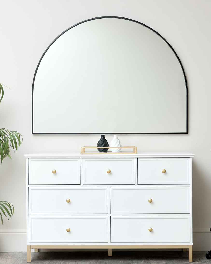 LARGE BLACK ARCHED OVERMANTLE WALL MIRROR 90CM X 120CM
