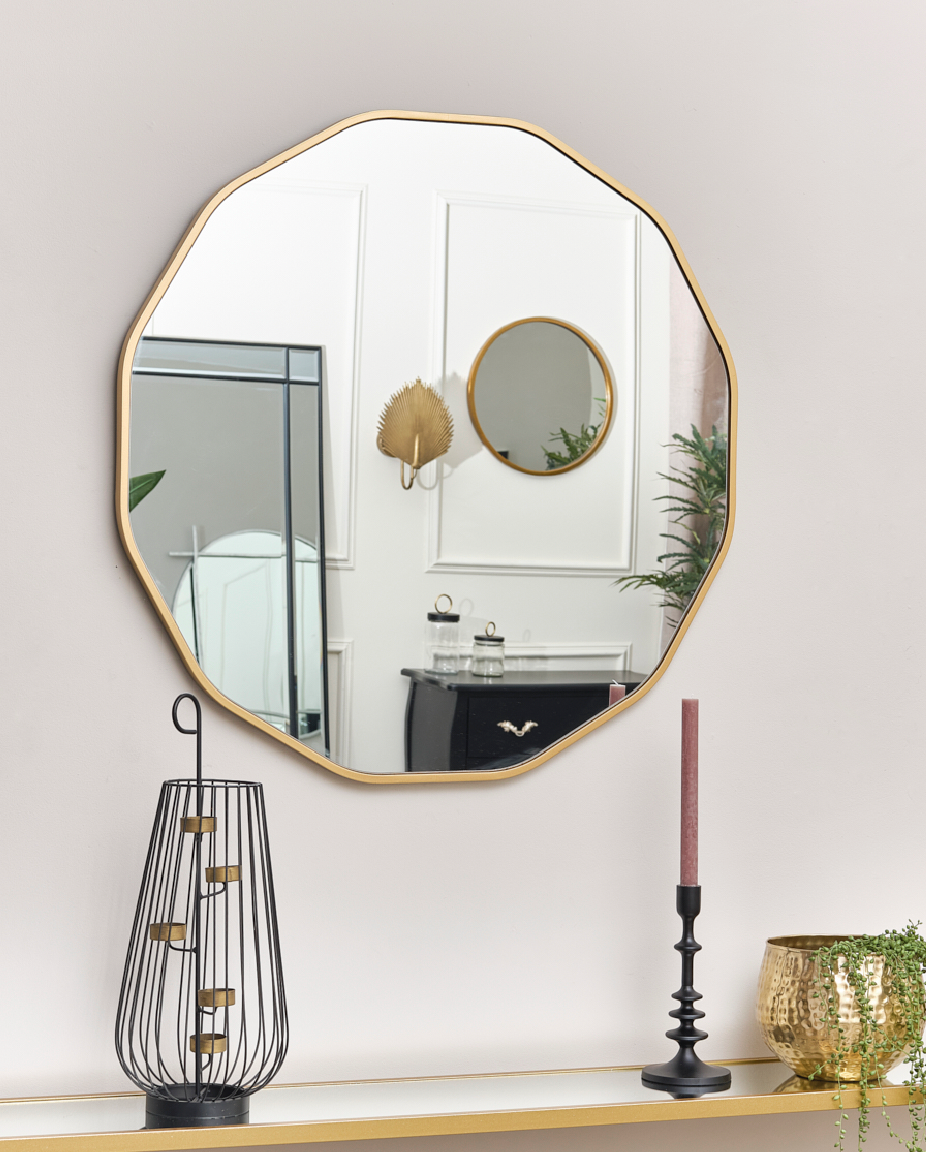 LARGE ROUND GOLD SCALLOPED WALL MIRROR 90CM X 90CM