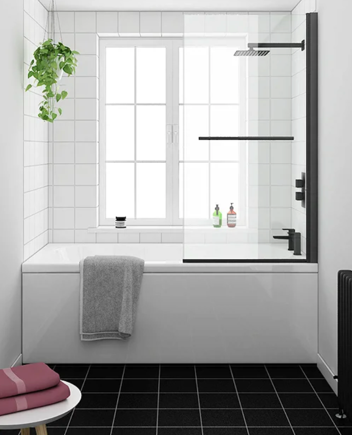 Arezzo Matt Black 785 x 1435mm Hinged Square Bath Screen + Rail