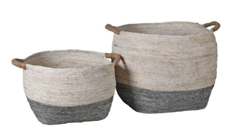 Set of 2 Grey and White Round Sea Grass Baskets