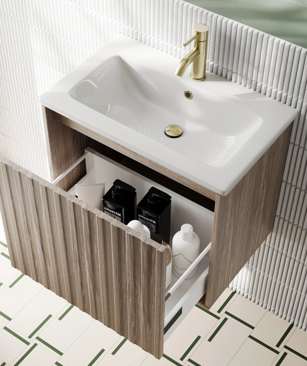 Billy 600mm Wall Hung Vanity Unit with Fluted Drawer Front & Basin