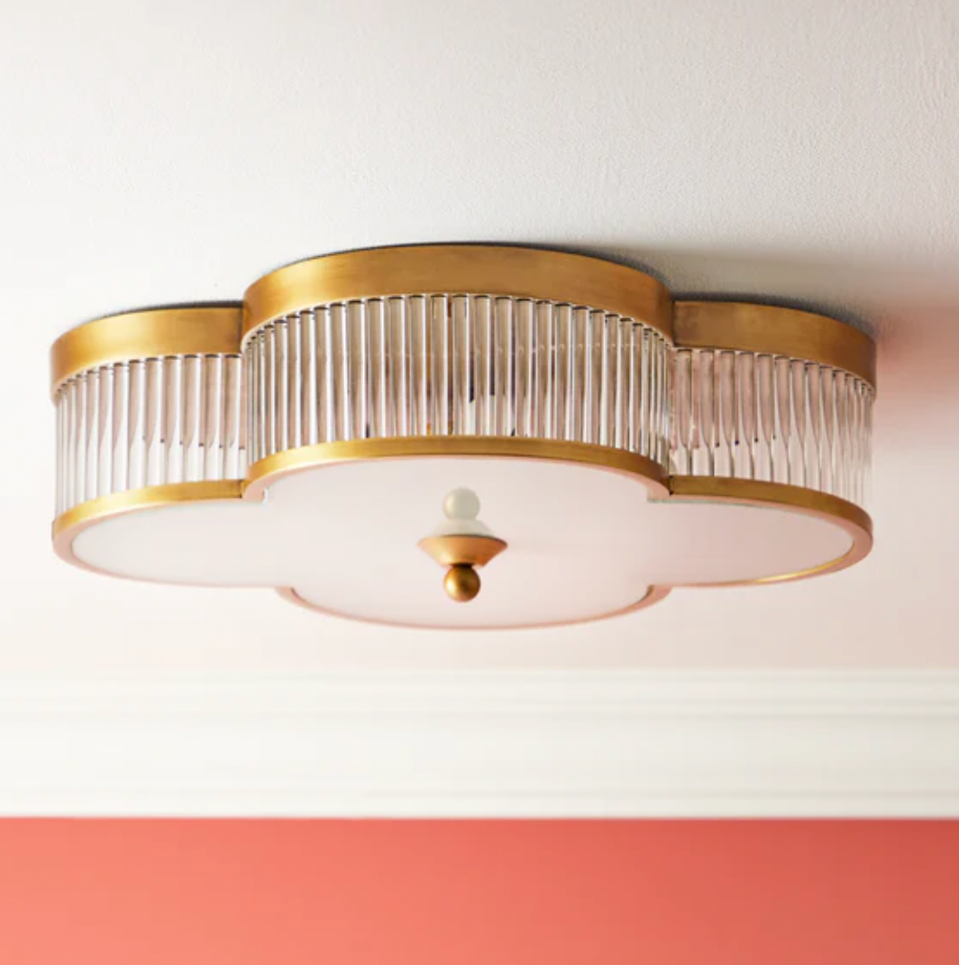 Clover flush ceiling fitting in brass with glass rods