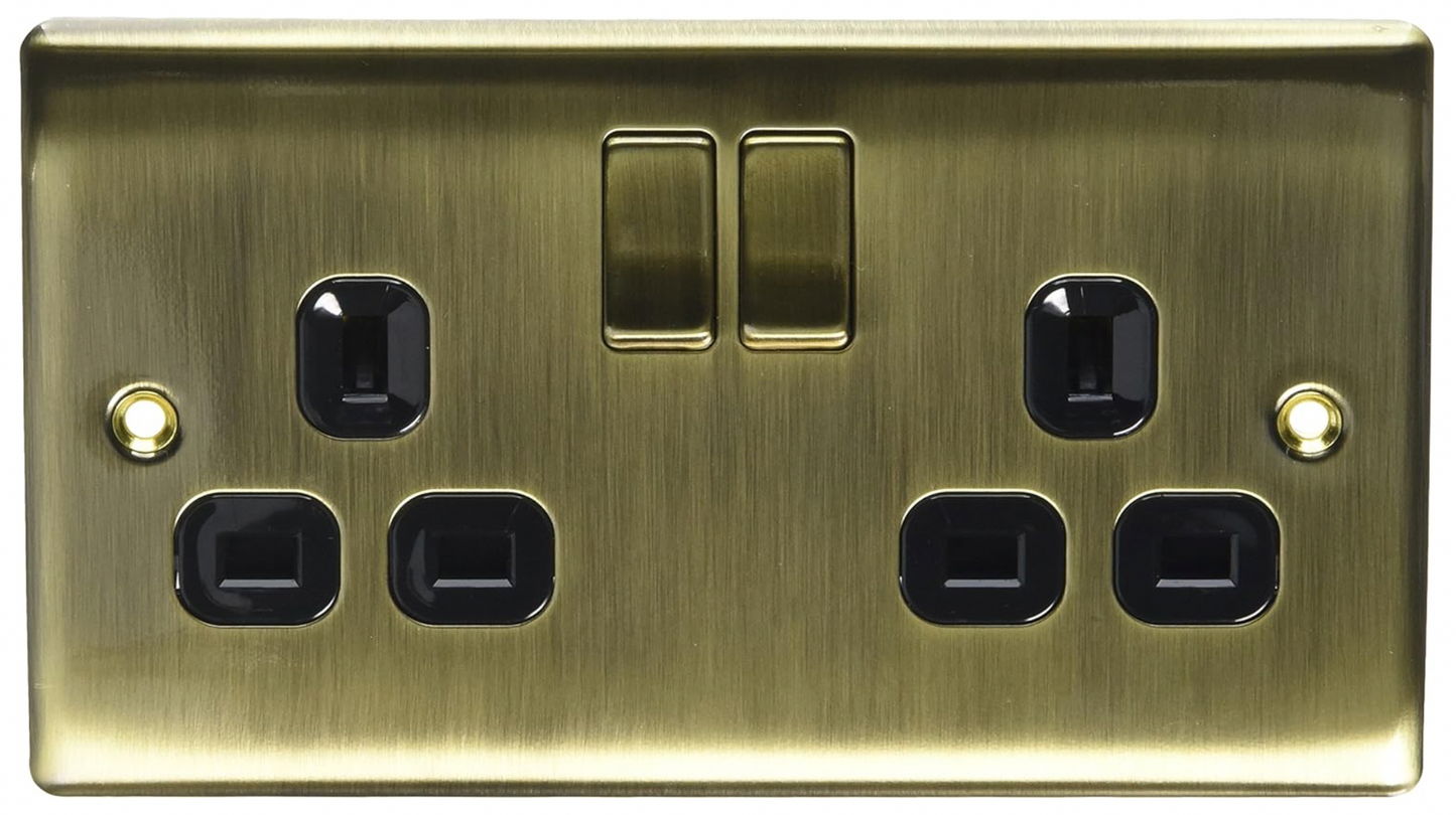 BG Electrical nab22b Metal Antique Brass Double Plug Socket Switch - Antique Brass Black