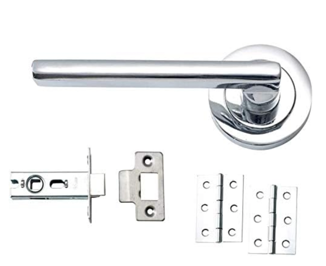 Amora Style Modern Polished Chrome Door Handles on Rose Door Lever Latch Pack