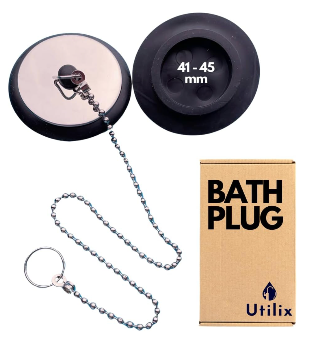 Utilix Durable Bath Plug Replacement, Universal Bathroom Sink Plug Replacement, Leak-Proof Design, Bath Plug and Chain - Universal Bath Plug Fits Most 41mm - 44mm UK Kitchen & Bath Tub Sinks, Plugs