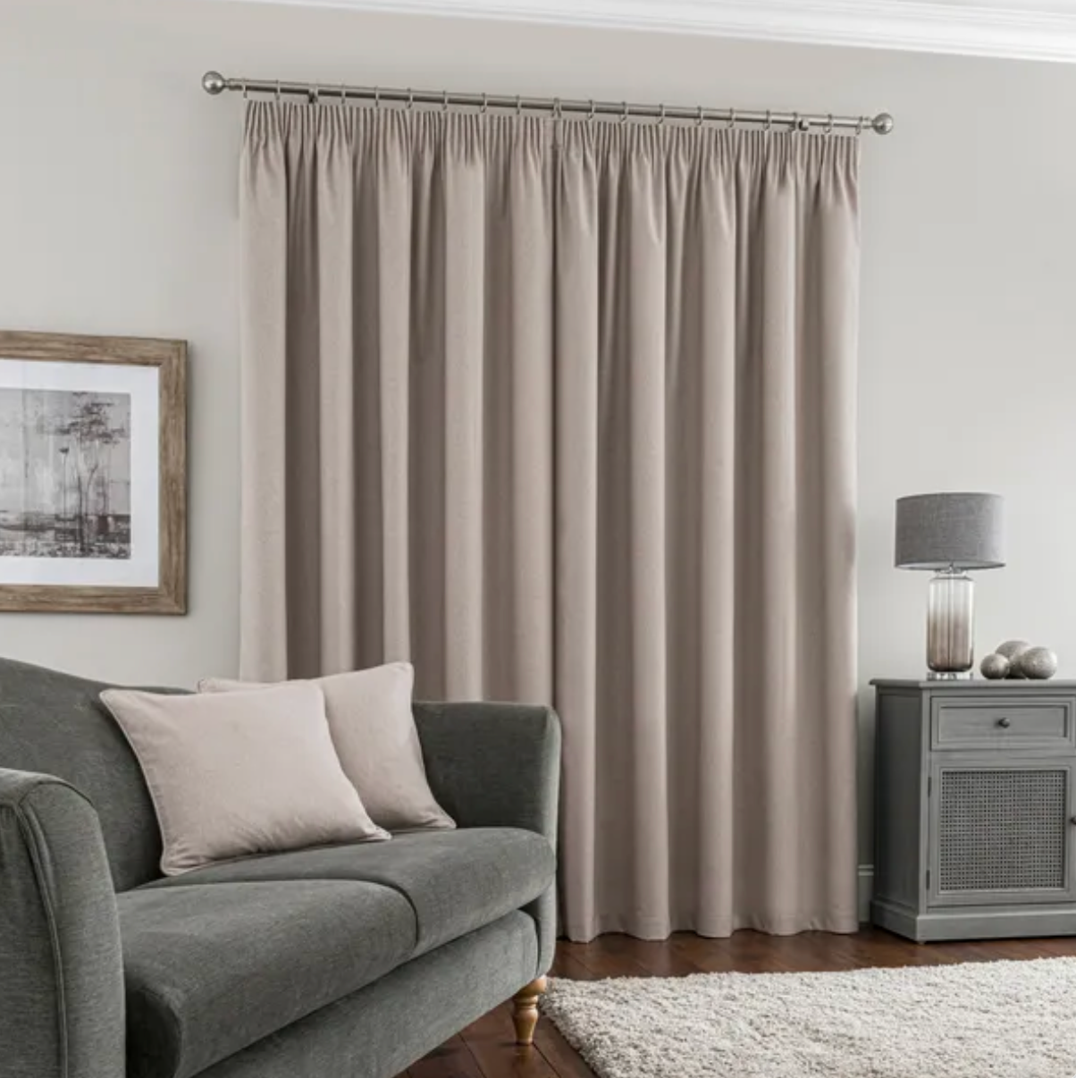 Luna Brushed Blackout Pencil Pleat Curtains, Pebble