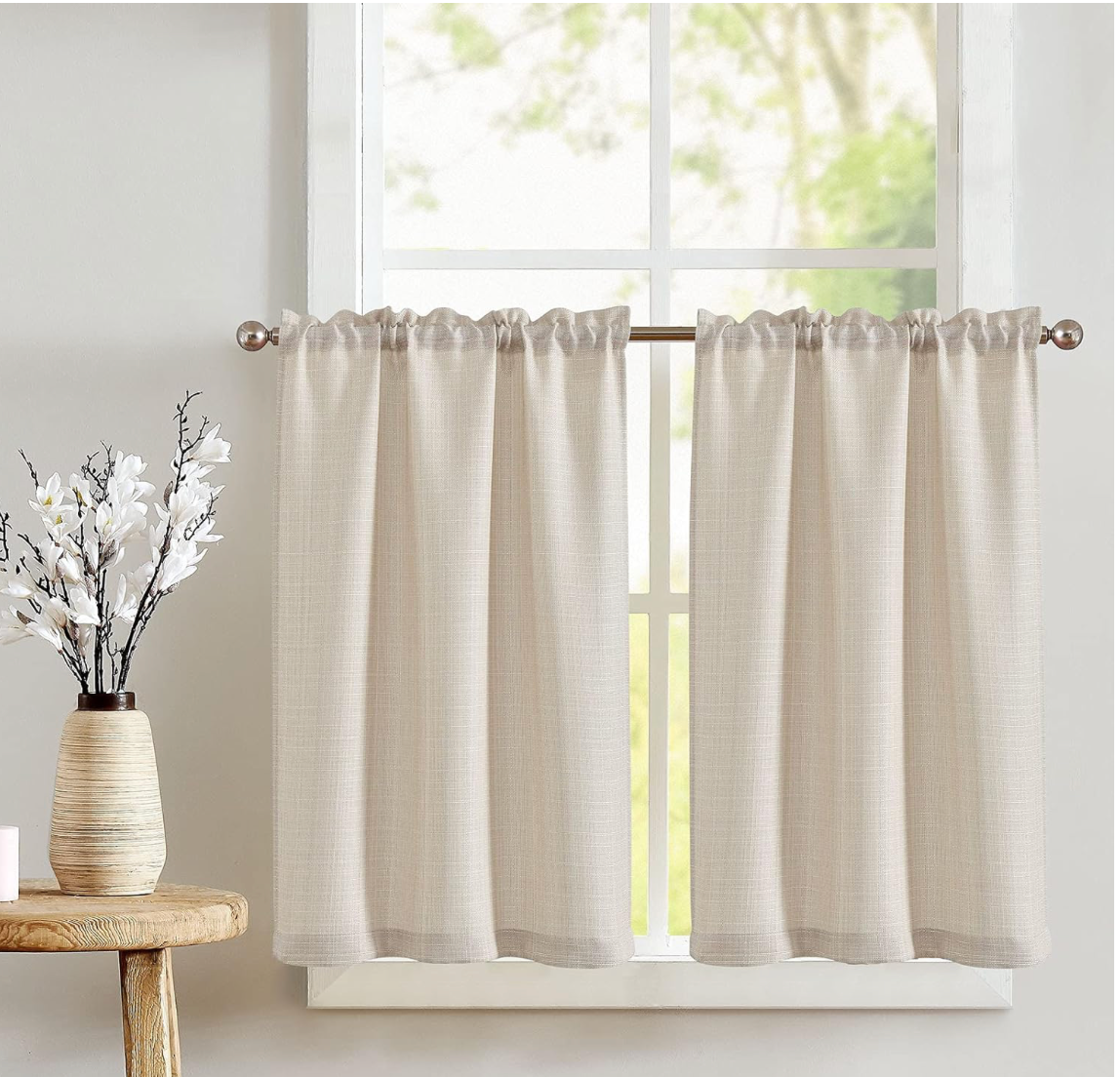 TOPICK Beige Kitchen Curtains Linen Optics Semi-translucent 24 Inch Drop, W28" x L24", Rod Pocket Beige
