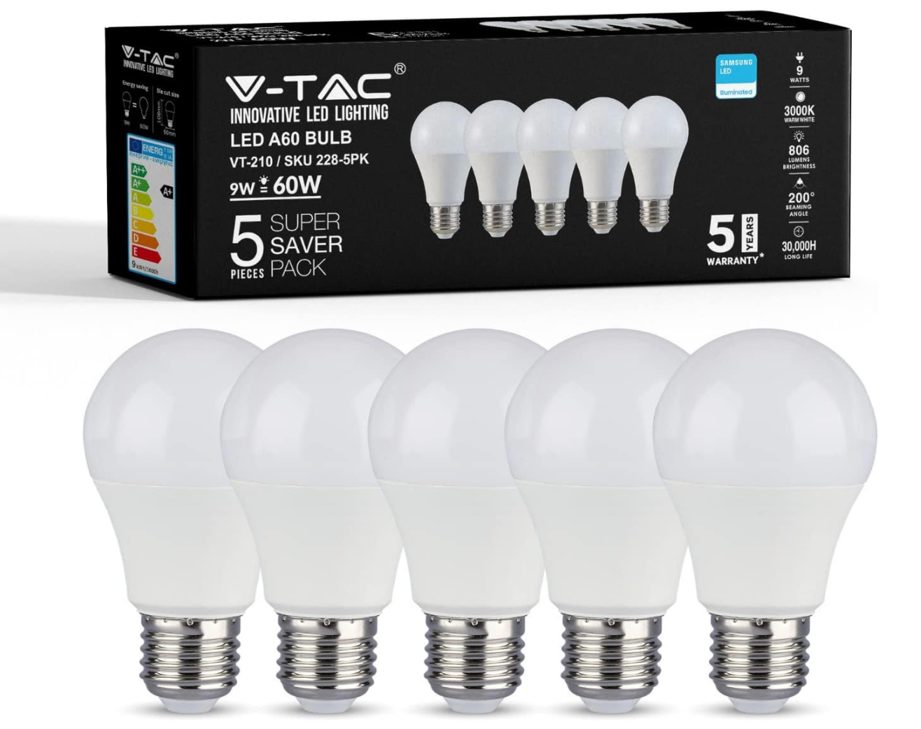 V-TAC E27 Screw Bulb | 9W LED Bulbs | Light Bulbs Replaces 60W | E27 LED Bulb Warm White 3000K | Edison Lightbulb | 806 Lumens Light Bulb Screw | Non Dimmable | A60 LED Bulbs Screw Pack of 5