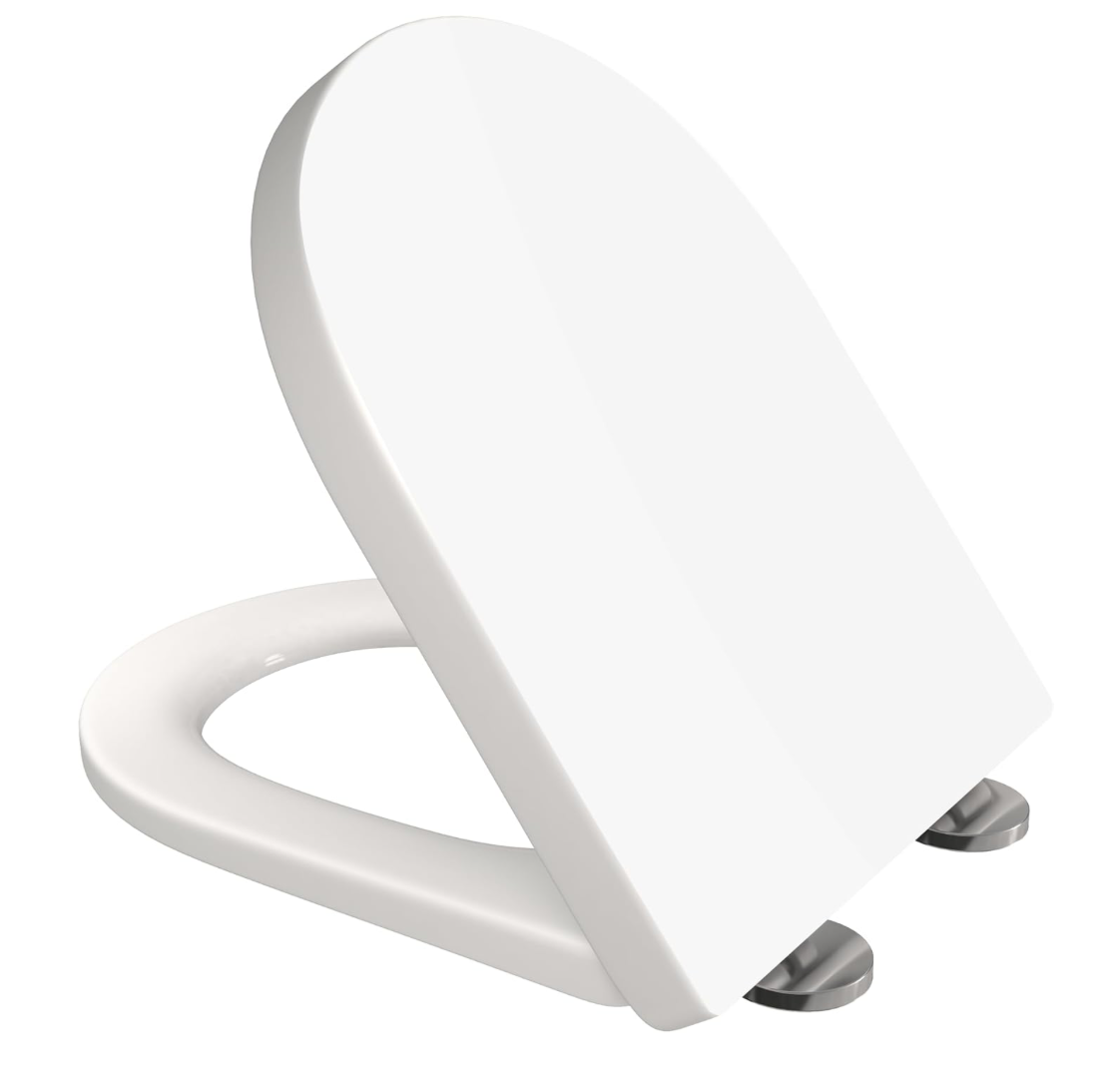 Toilet Seat Cover White Loo Seat Anti Bacterial D-Shape Mute Toilet Seat Premium UF (Urea-Formaldehyde) Durable & Heavy Duty Slow-Close Easy Cleaning Top Fixing by AAN