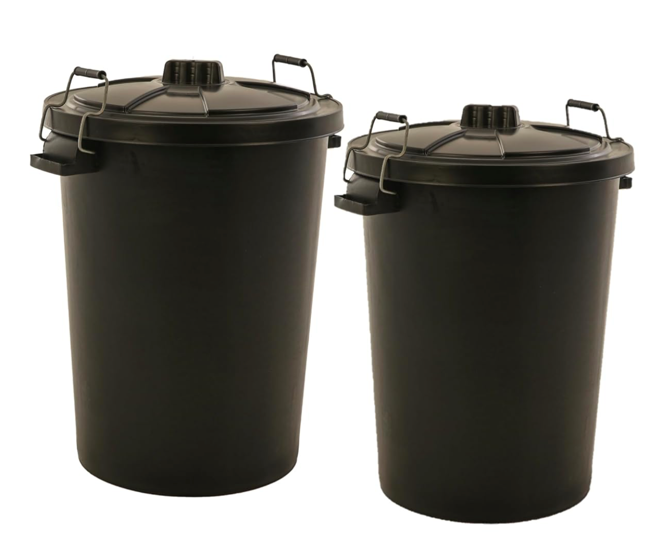 2 PACK - LARGE BLACK GARDEN DUSTBIN- 90L REFUSAL HEAVY DUTY PLASTIC WASTE BIN WITH CLIP LID