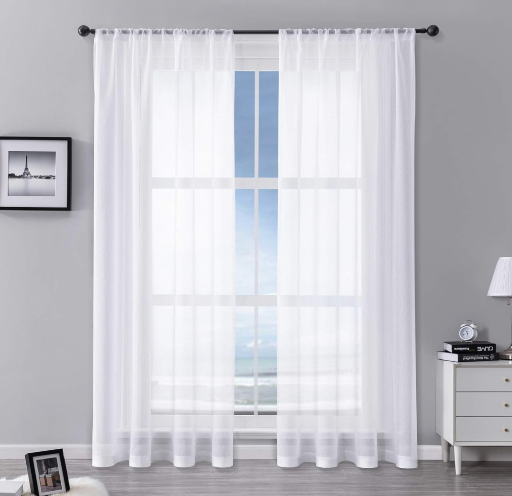 MRTREES Voile Curtains 88 Drop 2 Panels Faux Linen Rod Pocket Sheer Curtain Panel for Bedroom Living Room Patio Door 55x88 Drop 140cm x 225cm White