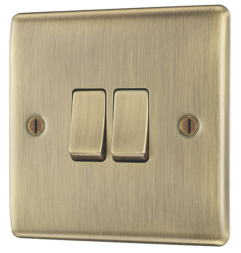 BRITISH GENERAL NEXUS METAL 20A 16AX 2-GANG 2-WAY LIGHT SWITCH ANTIQUE BRASS