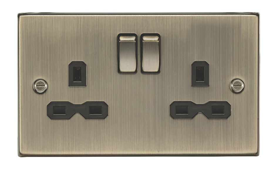 KNIGHTSBRIDGE 13A 2-GANG DP SWITCHED DOUBLE SOCKET ANTIQUE BRASS WITH BLACK INSERTS
