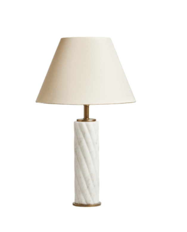 Carrick Table Lamp in White Marble with 30cm empire lampshade in Ivory Dupion Silk, H34 X W9CM