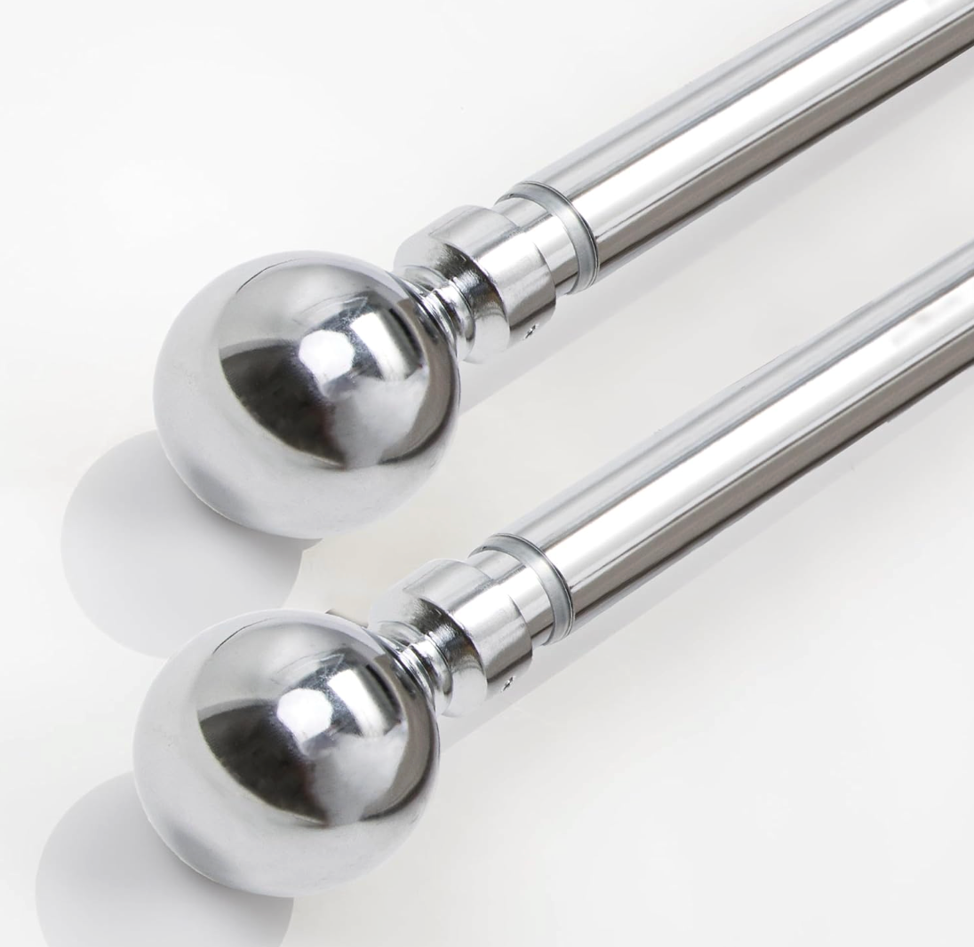 Oxford Homeware 2 Pack Extendable Curtain Poles for eyelet curtains 120-210cm Durable Plain Ball Curtain Pole Set Includes Curtain Rod Finials Rings Brackets & Fittings (Chrome)