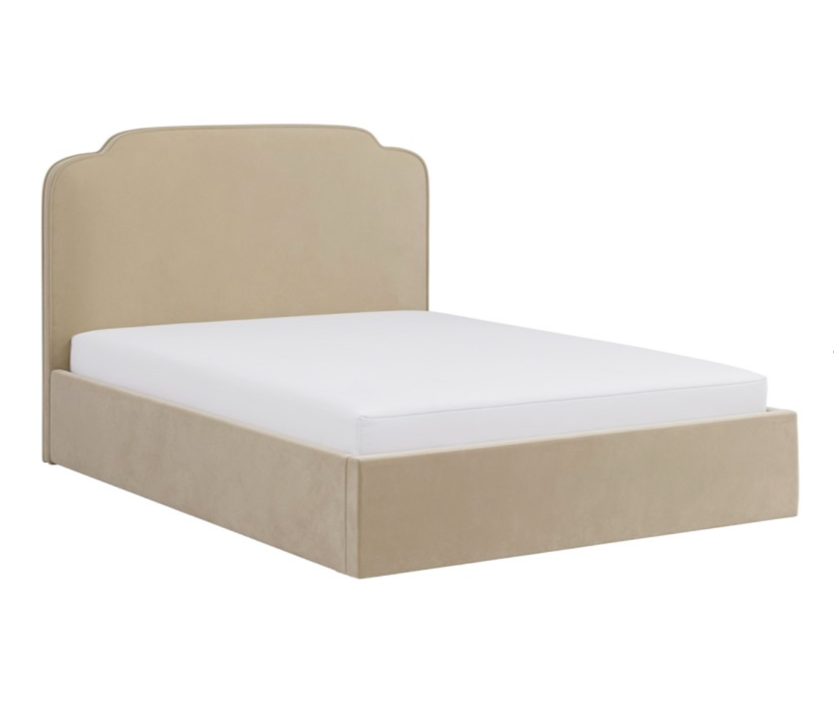 Beige Velvet Double Ottoman Bed with Scalloped Headboard - Siena, W152 x D208 x H111 cm