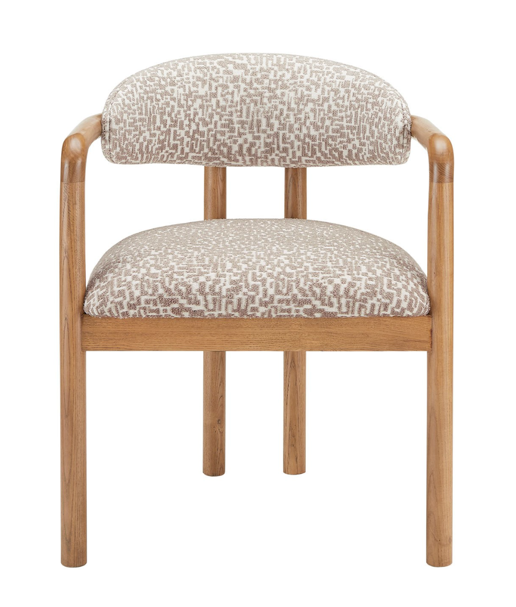 Beige Printed Upholstered Dining Chair with Solid Wood Exposed Back - Darla, W59.5 x D56 x H75 cm