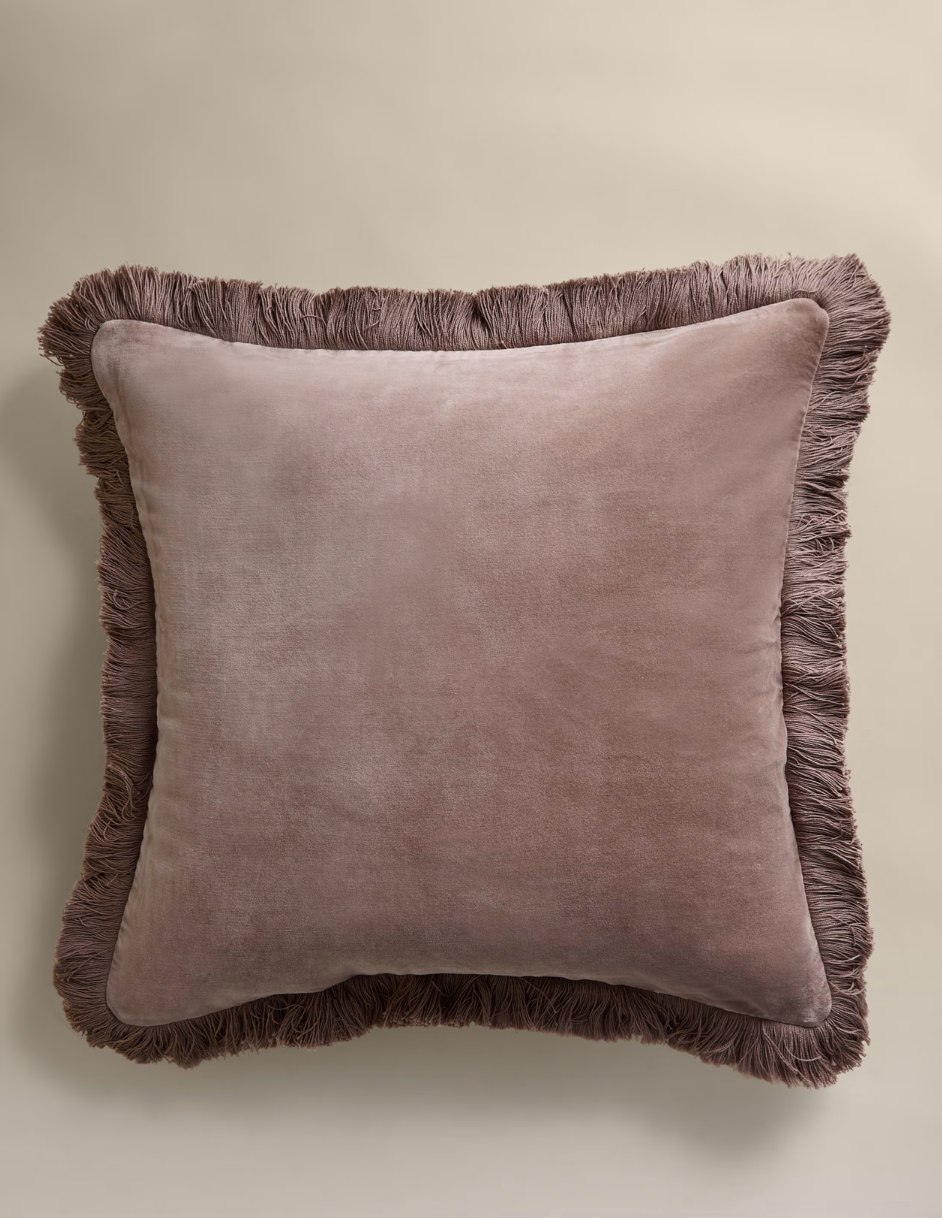 Pure Cotton Velvet Fringed Cushion, Putty