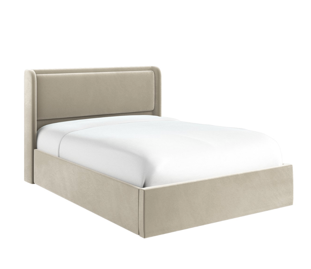 Beige Velvet King Size Ottoman Bed with Cushioned Headboard - Frida
