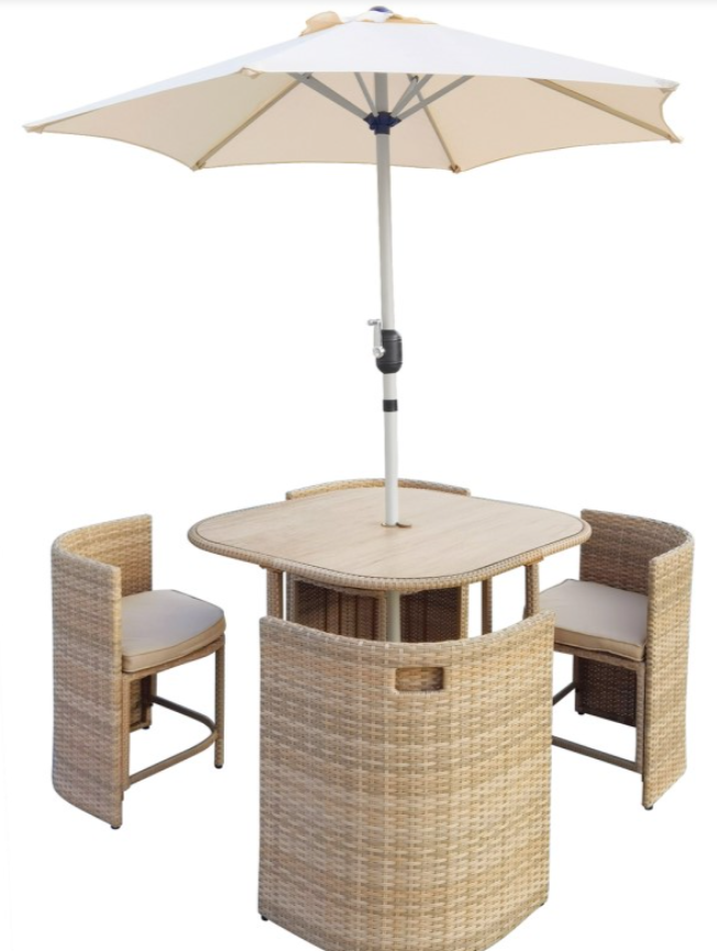 4 Seater Beige Rattan Cube Garden Dining Set with Matching Parasol