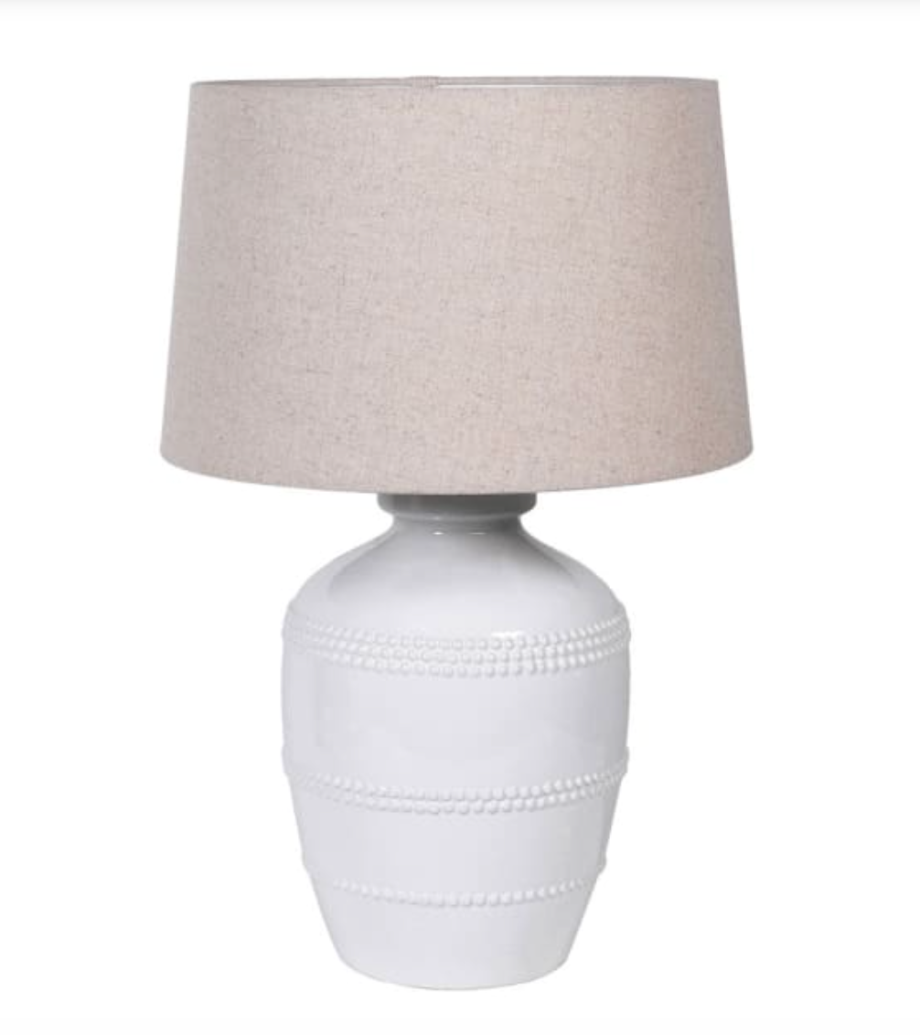 White Beaded Table Lamp with Linen Shade