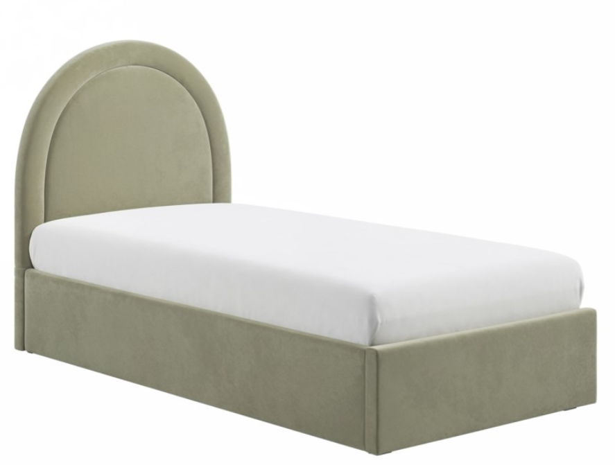 Sage Green Velvet Single Side-Lift Ottoman Bed with Curved Headboard - Nora