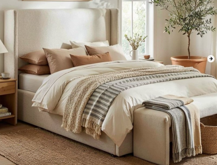 Cream Upholstered Double Ottoman Bed with Winged Headboard - Loxley