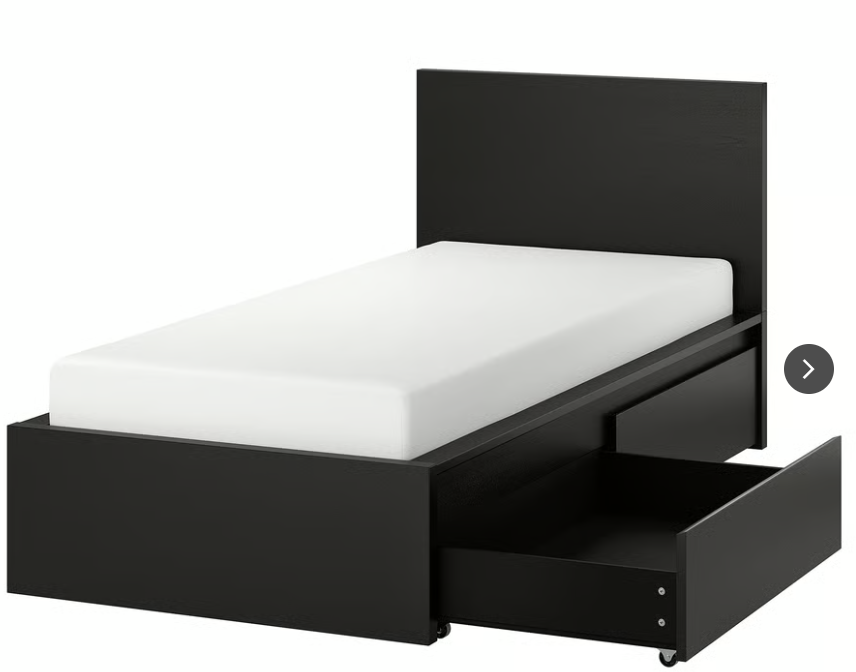 Single Bed frame, high, w 2 storage boxes, black-brown/Luröy