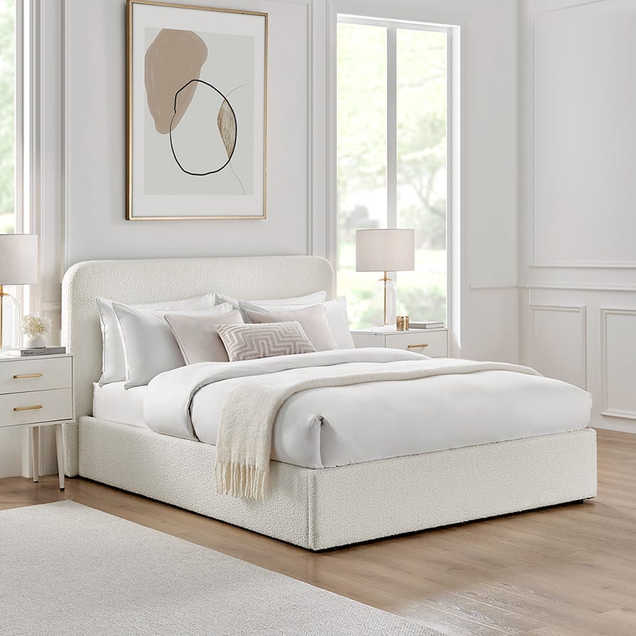 Ascot Bouclé Ottoman Storage Bed - Off White - King Size, 210x220x220cm