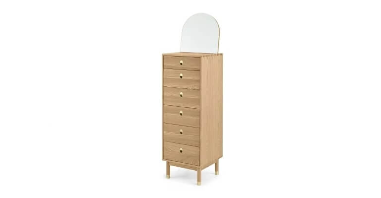 Made.com Fizzy Chest of Drawers, Oak & Brass, with black metal legs, 48x45x174cm