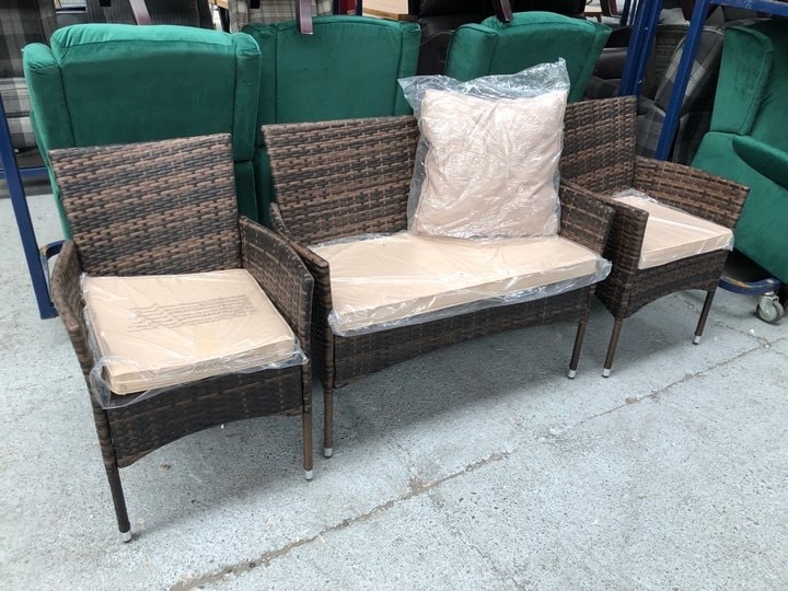 OUTDOOR GARDEN RATTAN LOUNGE SET TO INCLUDE 2 X ARMCHAIRS AND ONE TWO SEATER SOFA IN BROWN