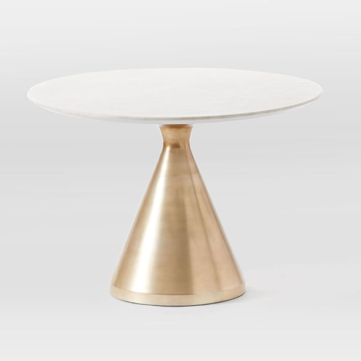 West Elm Silhouette White Marble Four Seater Pedestal Dining Table in Bronze, 112x112x76cm