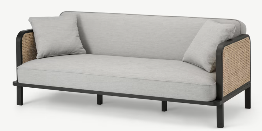 MADE.COM 3 SEATER SOFA IN GREY & RATTAN, 92x194x90cm
