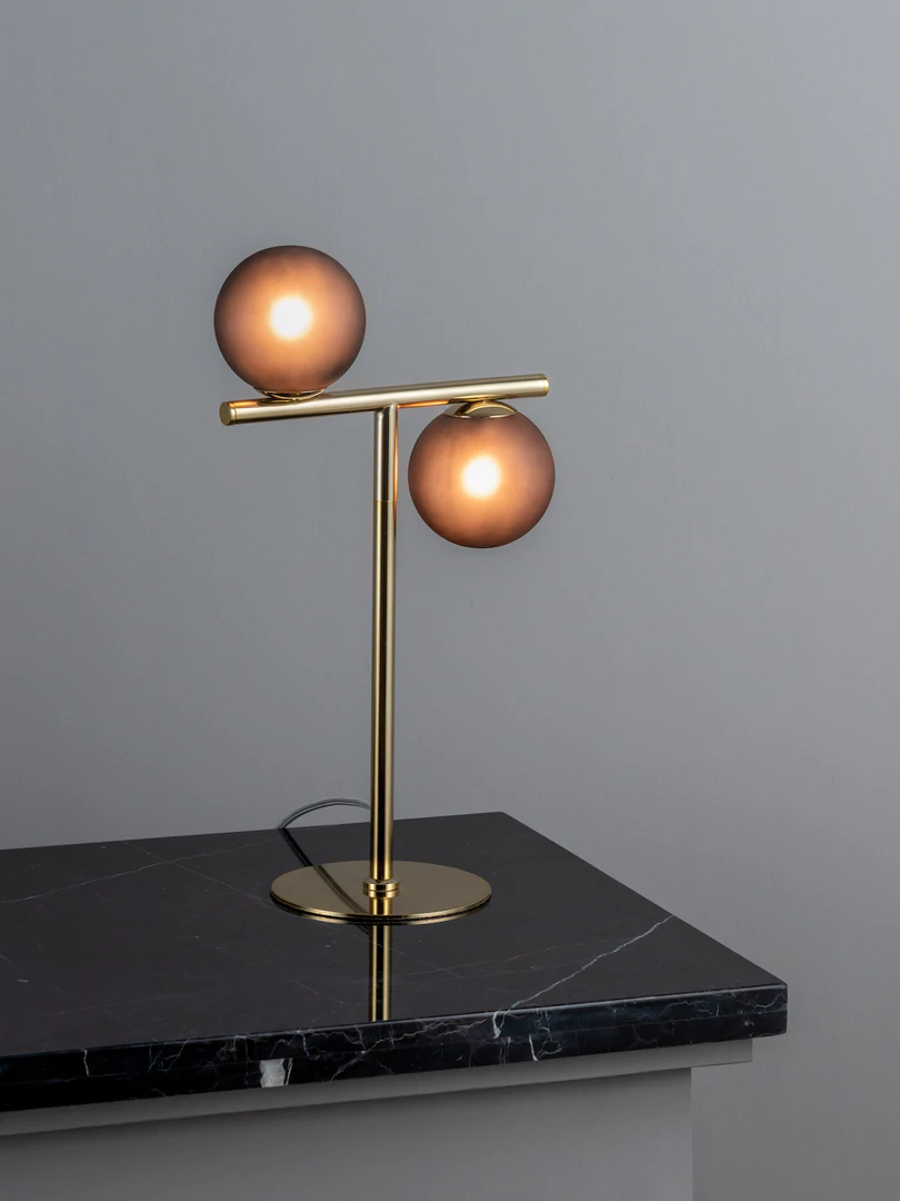 Perch 2 light brass and smoked frosted table lamp