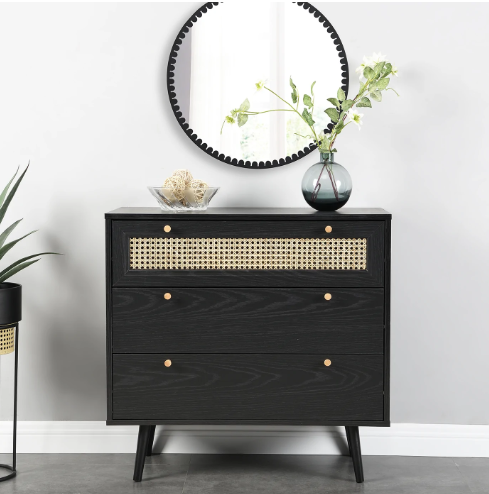 Anya Woven Rattan Chest of 3 Drawer in Black Colour, 80x39x77cm
