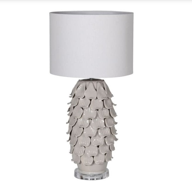 Grey Petal Lamp with Acrylic Base and White Linen Shade