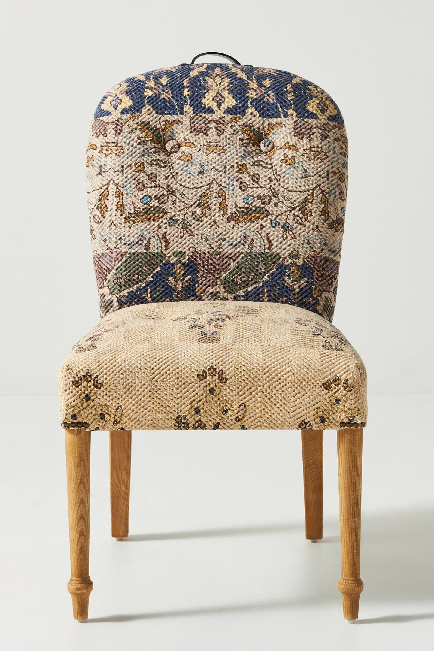 Armless Dining Chair In Blue and Beige Floral Pattern