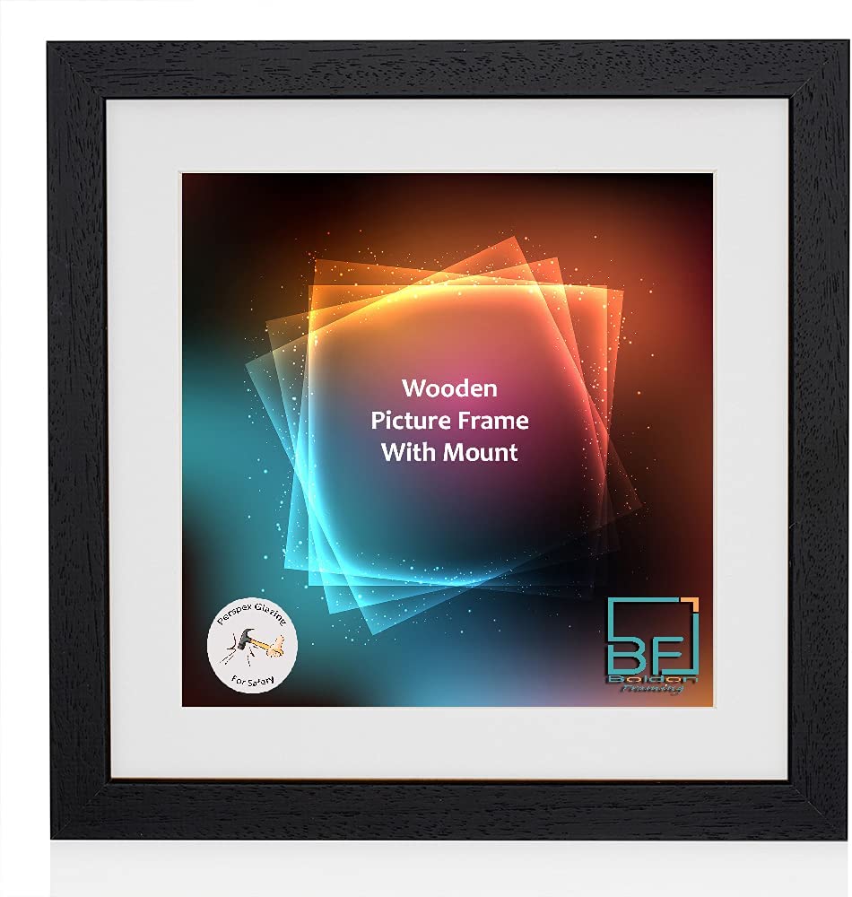 Boldon Framing - Matt Black, Square Thin Photo Frame in Solid Wood with White Wall Mount, 50x50cm