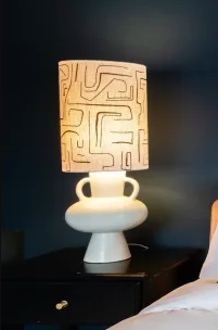 Stoneware Lamp white with Printed Cylinder Black Line Shade
