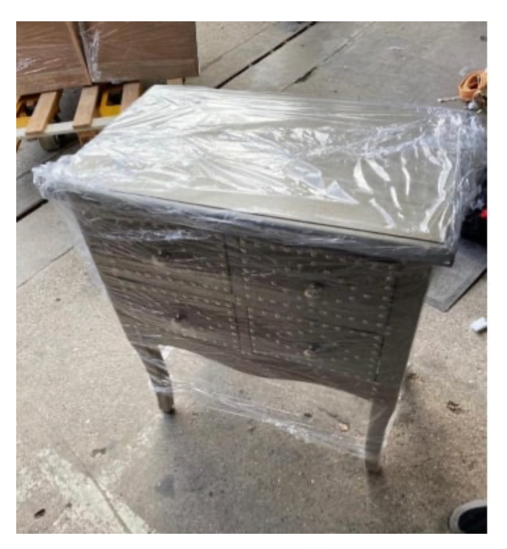 Upholstered & Studded bedside table, Linen & Chrome, 60x35x70cm