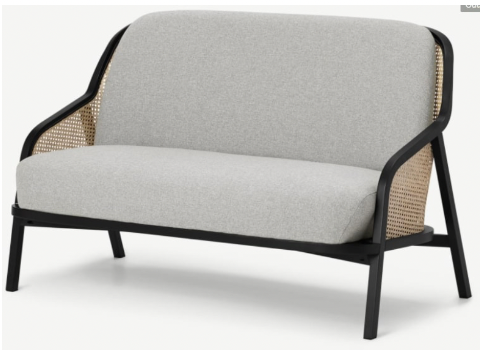 TWO SEATER SOFA IN GREY, BLACK AND RATTAN, 80x141x88cm